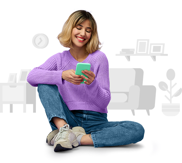 Mulher sentada com um telefone em mãos